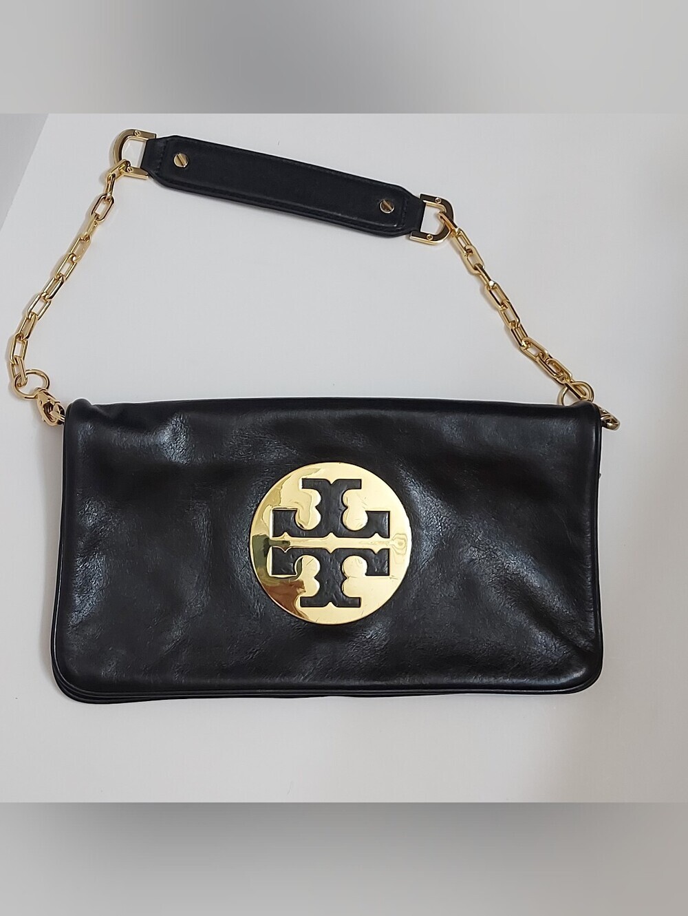 Tory Burch Black Leather Chain Shoulder Bag with Gold Logo